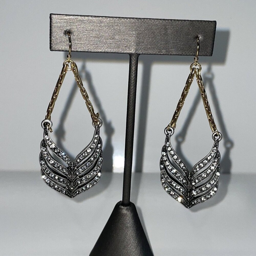 Feather Earrings Silver & Gold Tone Crystal Long Drop Statement Signed ls A246